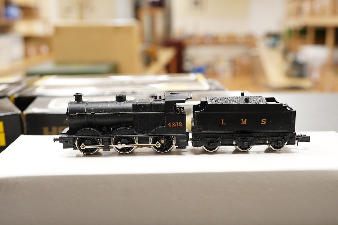 Thirteen N gauge railway by Graham Farish, etc., including two locomotives; a BR Class 4 0-6-0 tender locomotive, 4232, and an LMS 0-6-0T locomotive, 16389, together with two bogie coaches, eight freight wagons, and a Pe